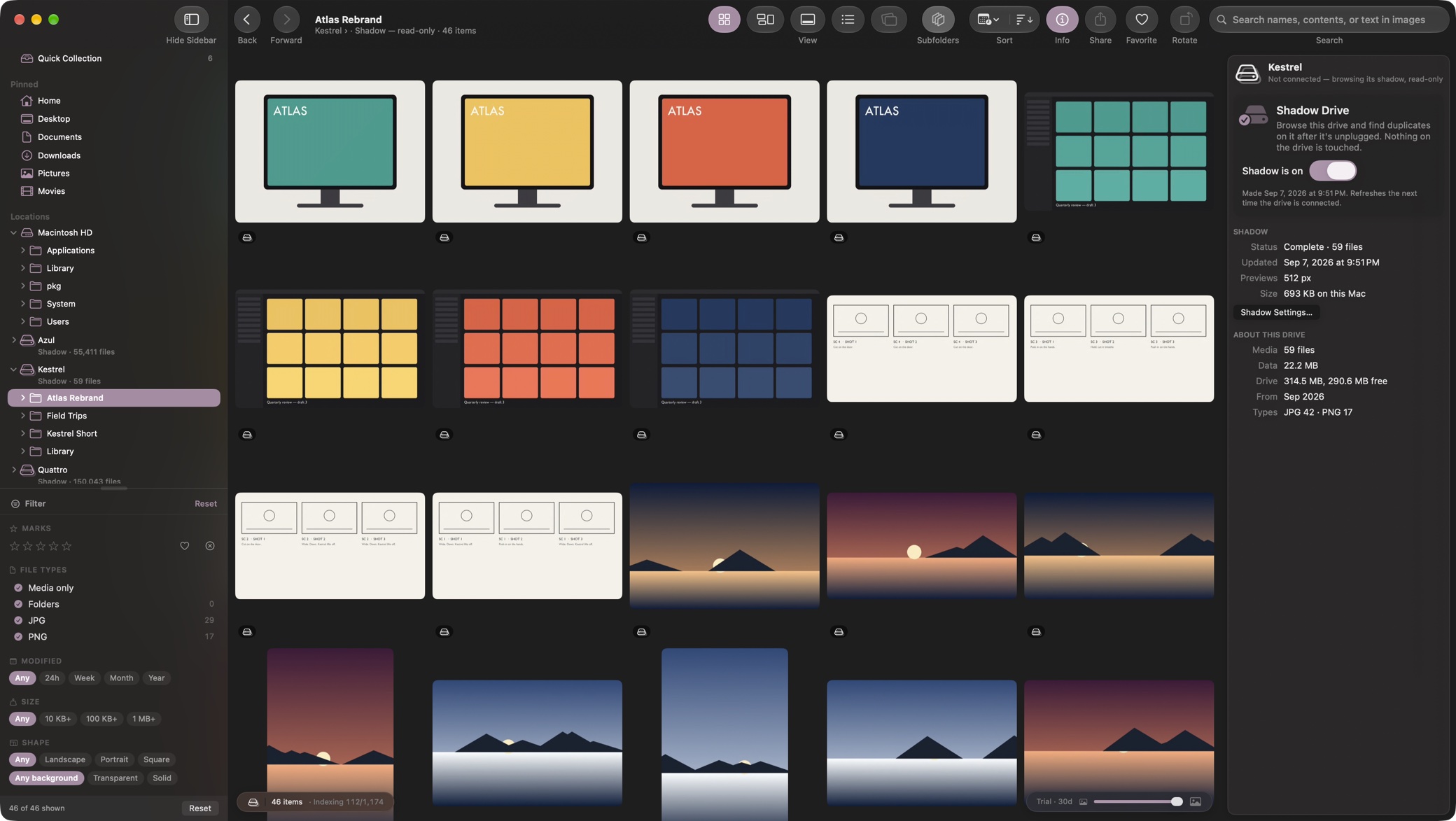 Illigata with three unplugged drives in the sidebar, each marked Shadow with its file count. A folder on one of them is open as a grid of smart previews — mockups, storyboards, photographs — and the Info pane says the drive is not connected, with the shadow's size on this Mac